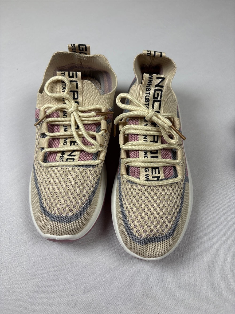 Breathable Beige Knit Women's Sneakers with Pink Accents